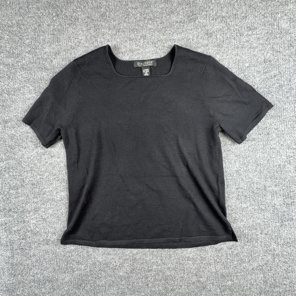 Dialogue Sweater Womens Large Black Square Neck Short Sleeve Wool Blend Knit